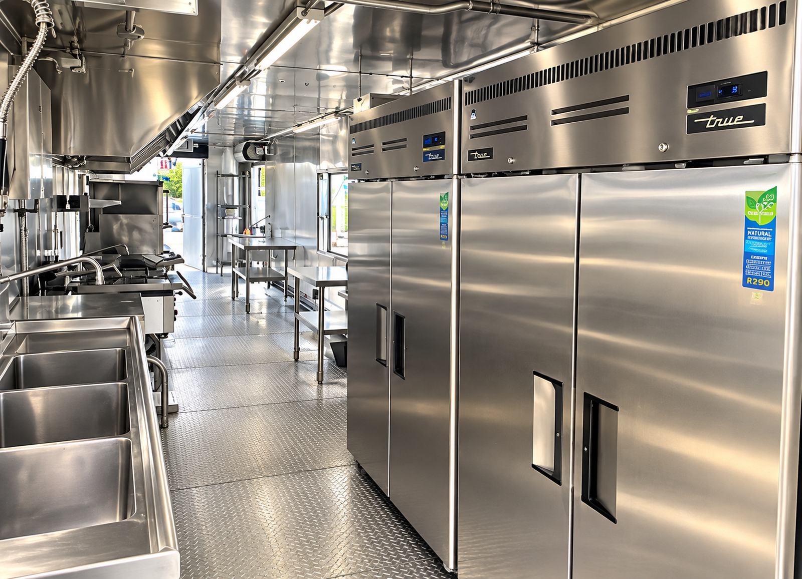 Inside a mobile kitchen trailer with stainless steel refrigeration units beside a three-compartment sink