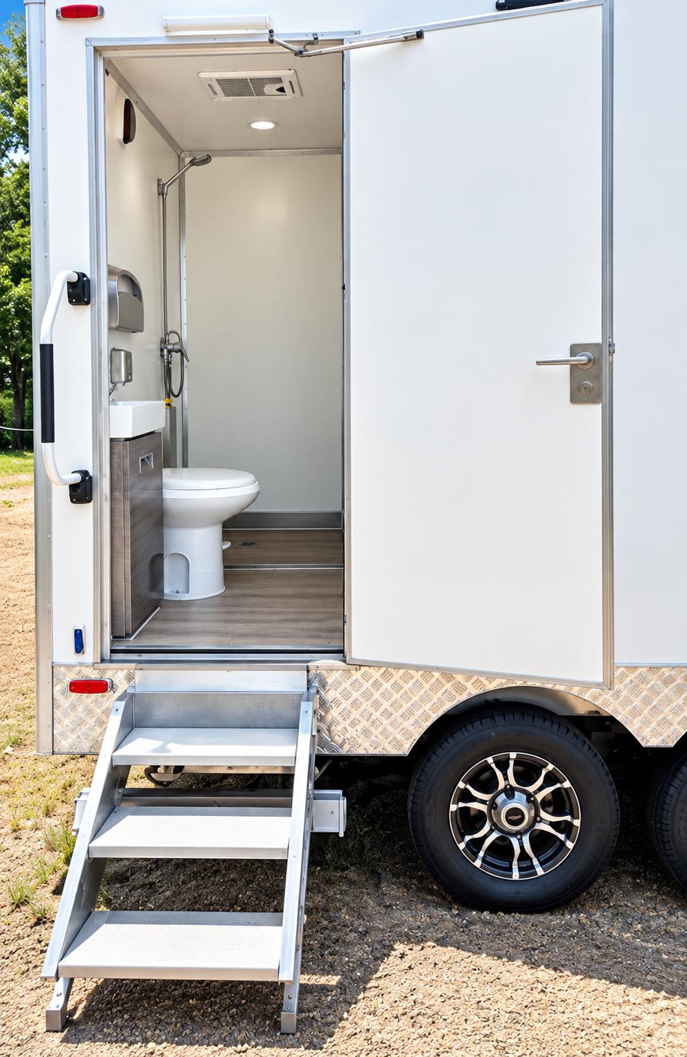 Portable luxury shower restroom trailer entrance