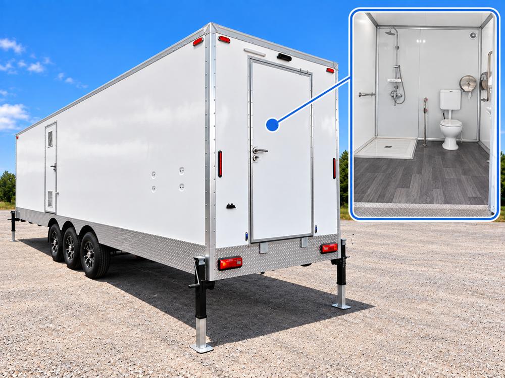Mobile shower restroom combination trailer side view