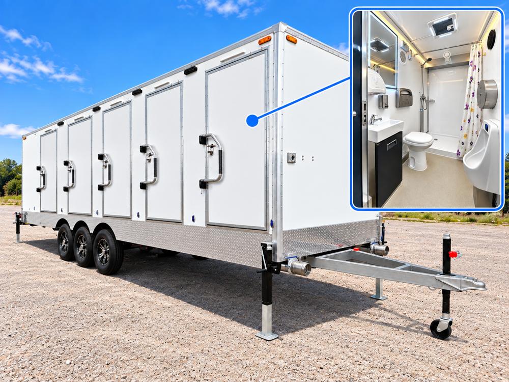 Temporary shower restroom trailer exterior doors