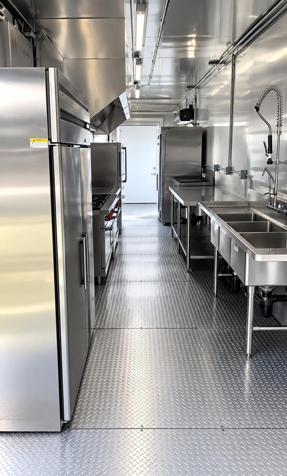 Commercial kitchen trailer refrigeration wash station