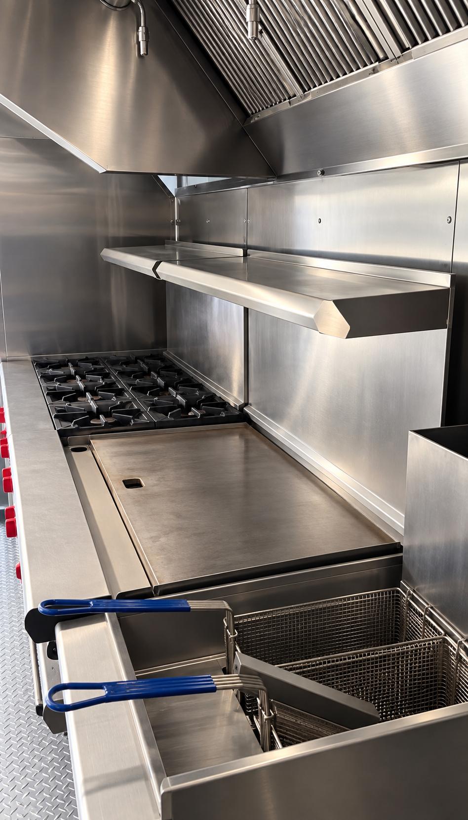 Commercial kitchen trailer griddle range deep fryer