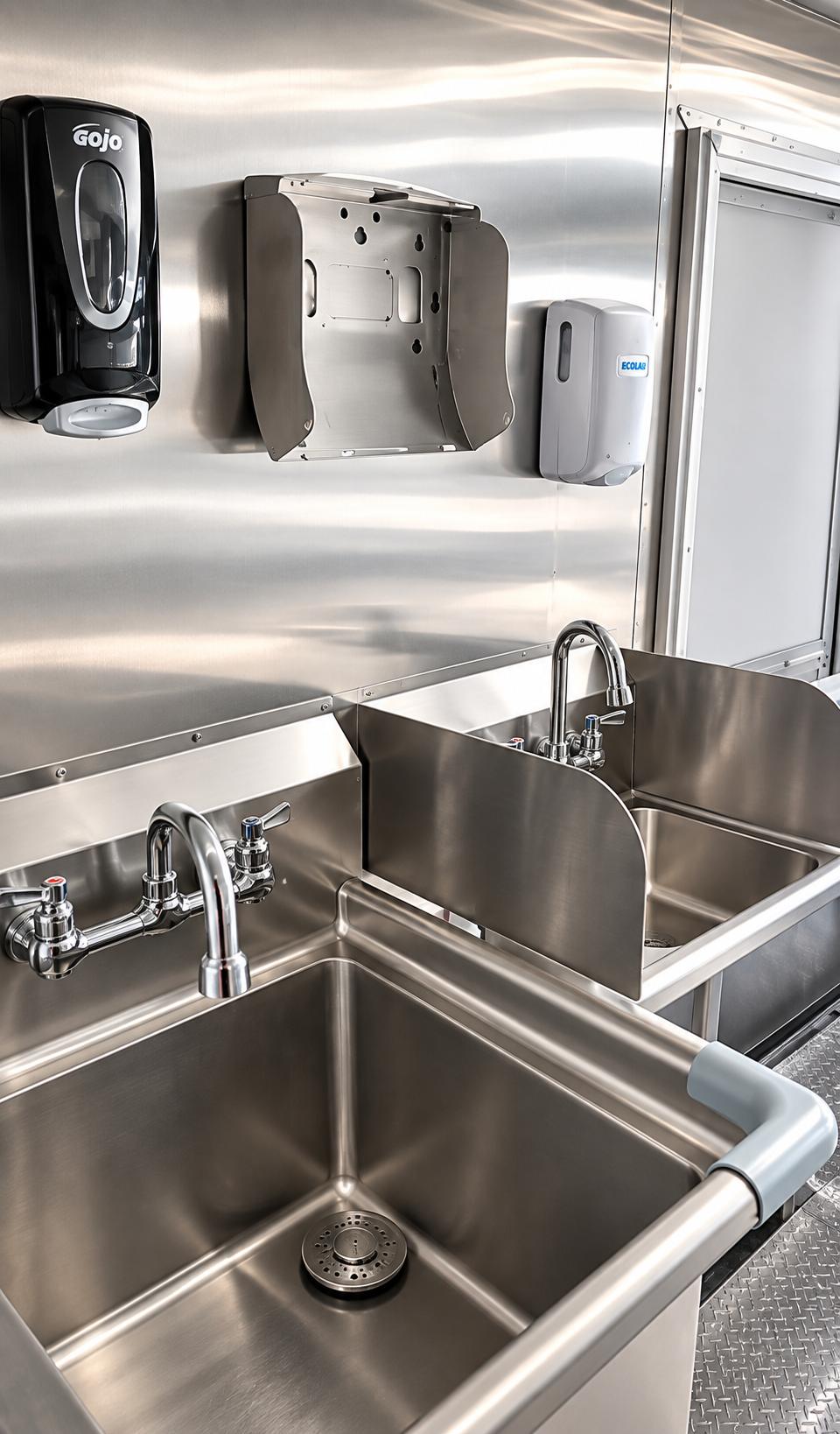 Mobile kitchen trailer hand wash sink sanitation station