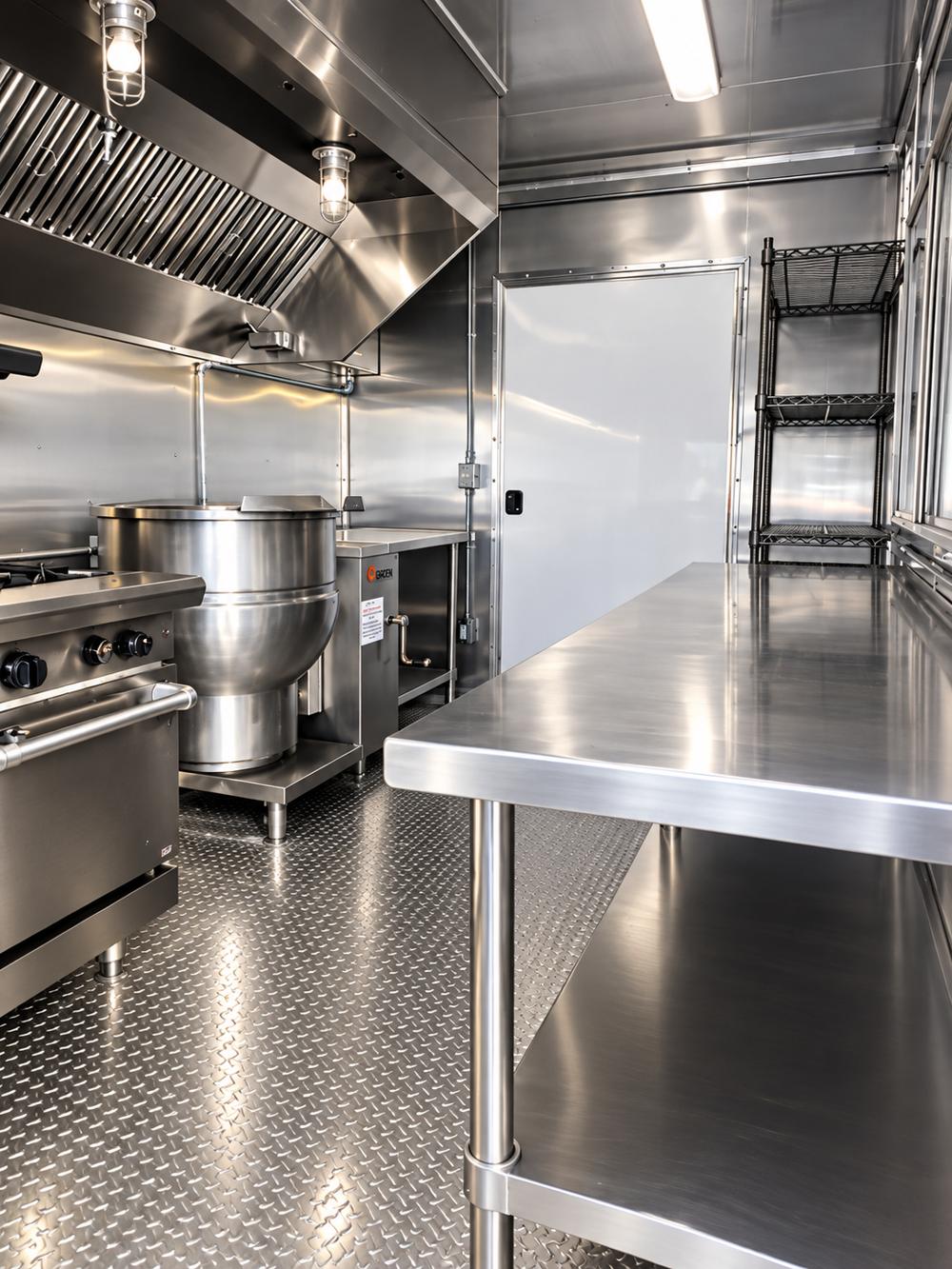 Mobile commercial kitchen steam kettle stainless prep table