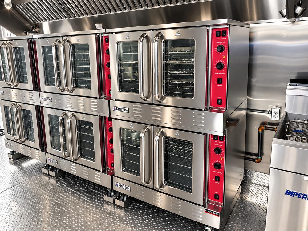 Portable kitchen trailer stacked commercial convection ovens