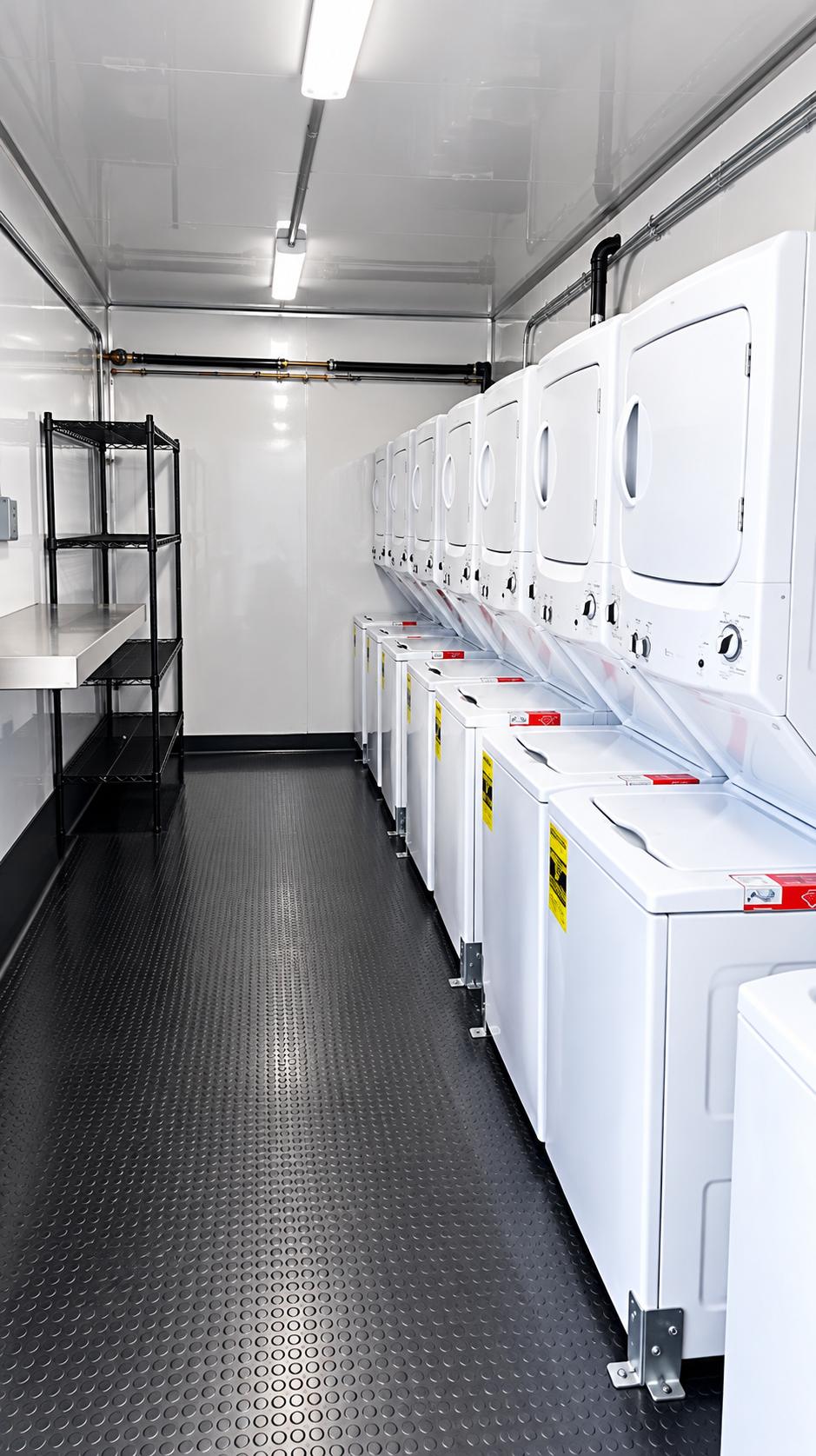 Mobile laundry trailer washer dryer interior