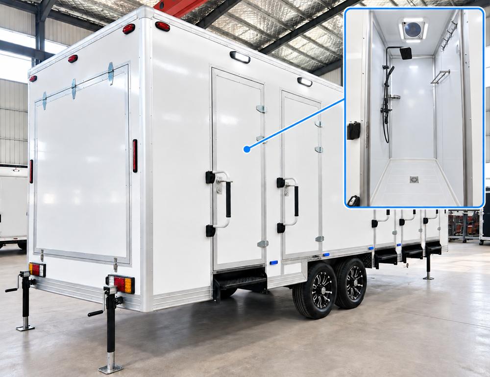Portable shower trailer multiple private stalls