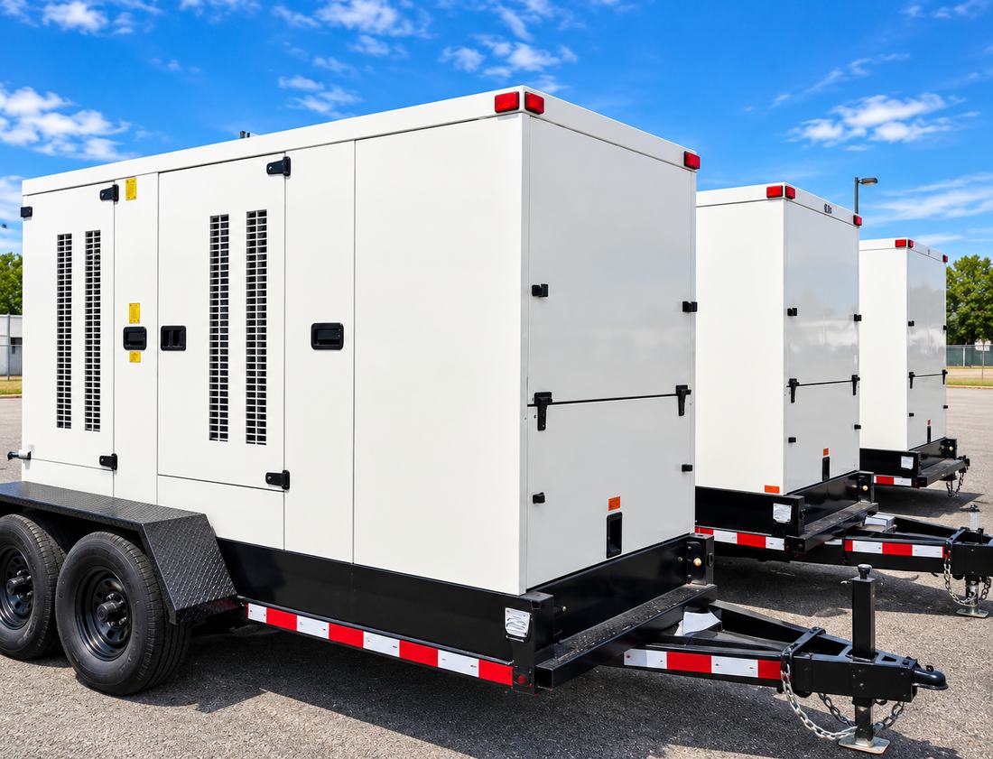 White generator trailers parked in a row